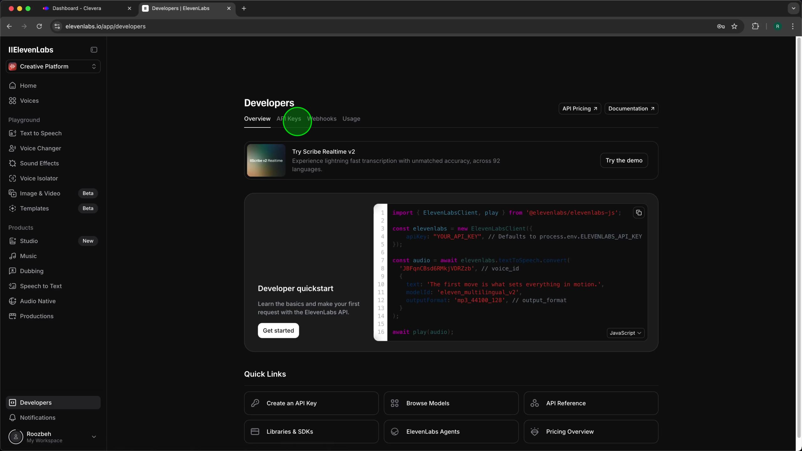 ElevenLabs Developers page with the 'API Keys' tab highlighted